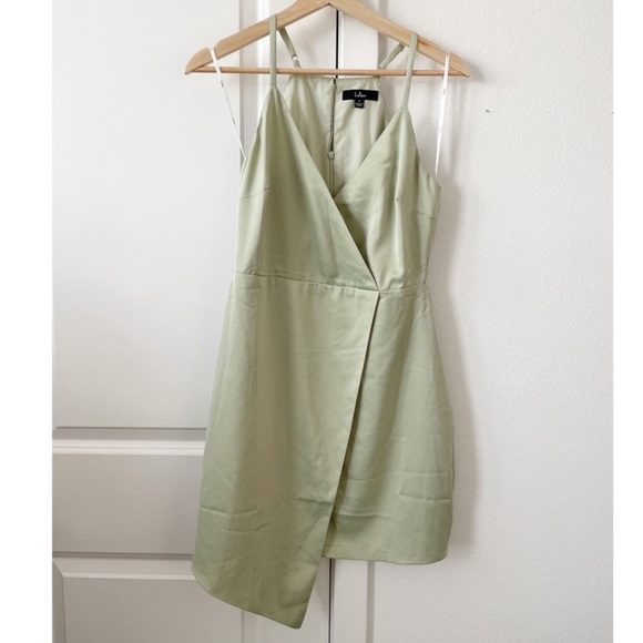 Sage Green Lulu’s What a Stunner Asymmetric Silk Dress - Picture 5 of 6